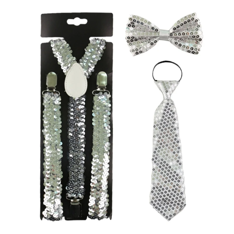 Women Men Sparkly Sequins Suspenders Bowtie Necktie Set Clip-on Elastic Y-Shape Back Brace Suspenders Cosplay Costume