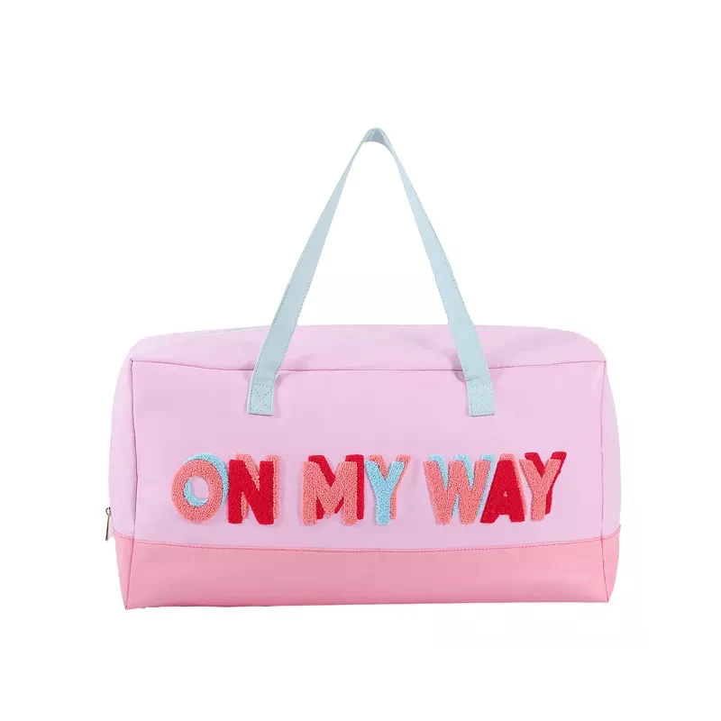 Women Travel Bag With Personalized Chenille Letter Patch PU Handbag Waterproof Travel Gym Sport Duffel Bag Duffle Weekender Bag