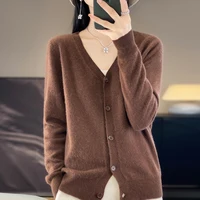 2024 New Spring and Autumn New V-neck Cashmere Cardigan Women Fashion Basic Loose Top Knitted Long Sleeve Female Cardigan 1