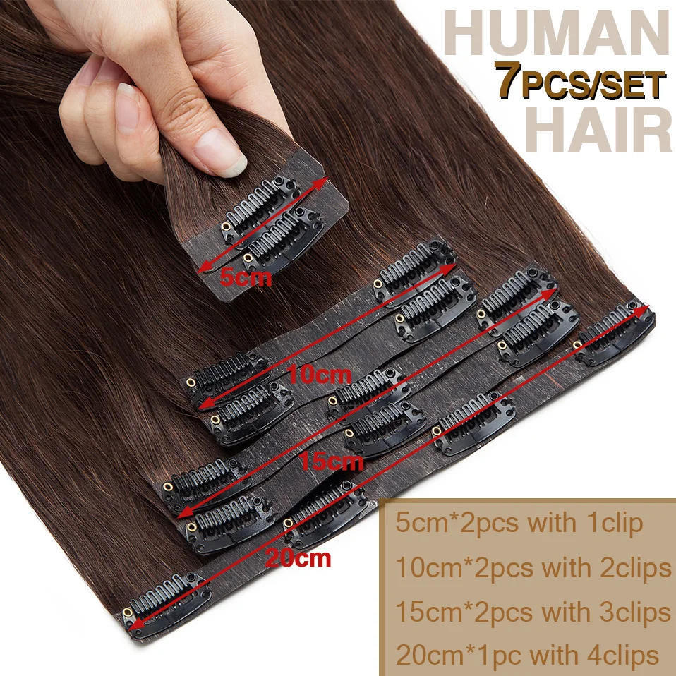 S-noilite-Extensions de Cheveux Humains à Clips, Postiche, Bande à Clips, Tête Complète, Cheveux Naturels, 115g, 7Pcs