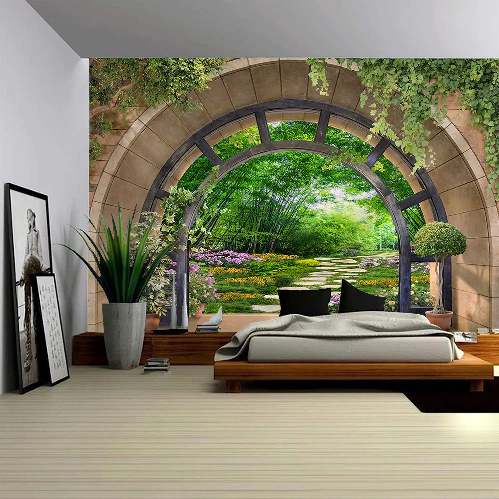 Bow Shaped Door Garden Landscape Tapestry Wall Art Large Mural Decoration Curtains Home Bedroom Living Room Decoration tapestry decor