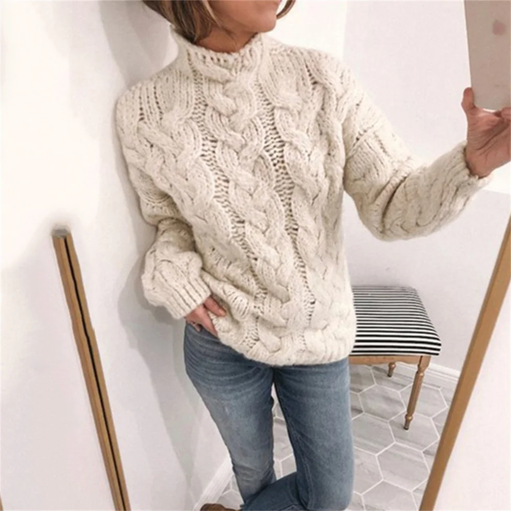 

Women Mohair Twist Texture Turtleneck Sweater Autumn Winter Solid Warm Loose Pullover Female Chic Top Jumper Streetwear