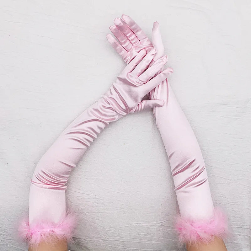 52cm Feather Satin Retro Style Women Long Gloves Party Ball Christmas Cosplay Stage Performance Fashion Personality Elegant
