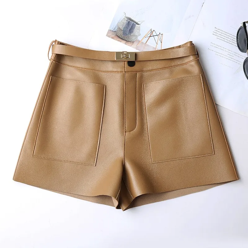 Womens Summer New Sheepskin Genuine Leather Shorts Big Pocket Casual Fashion Sashes Solid Concise A-Line Wide Leg Shorts short pants