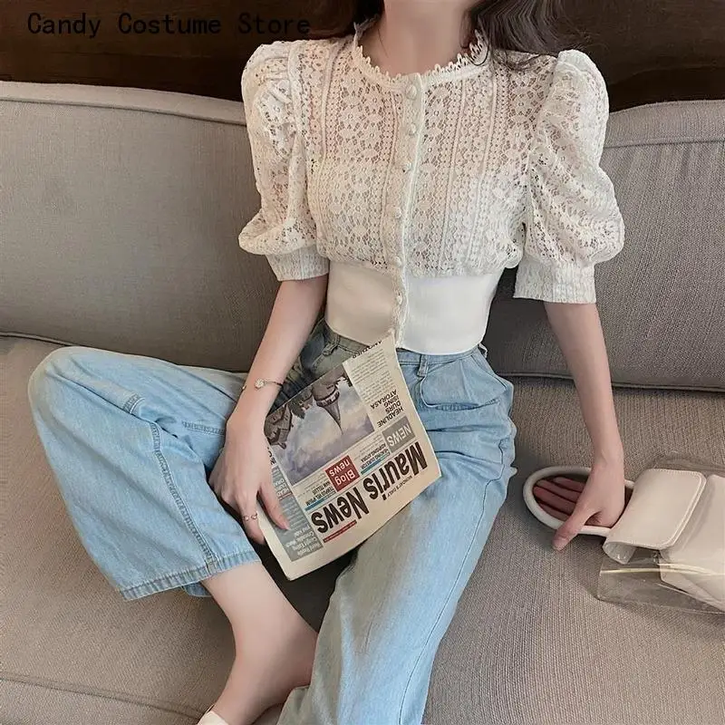 Design Simple Crop All-Match Sexy Slim Pure Breathable Puff Sleeve French Style Femme Retro Chic Elegantlace Shirts Women