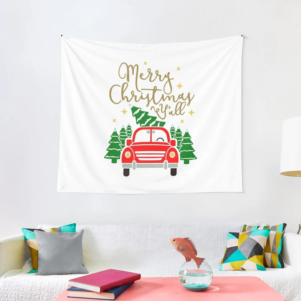 

Vintage Red Truck with Christmas Trees & Merry Christmas Y'all Tapestry Home Decoration Accessories Kawaii Room Decor Tapestry