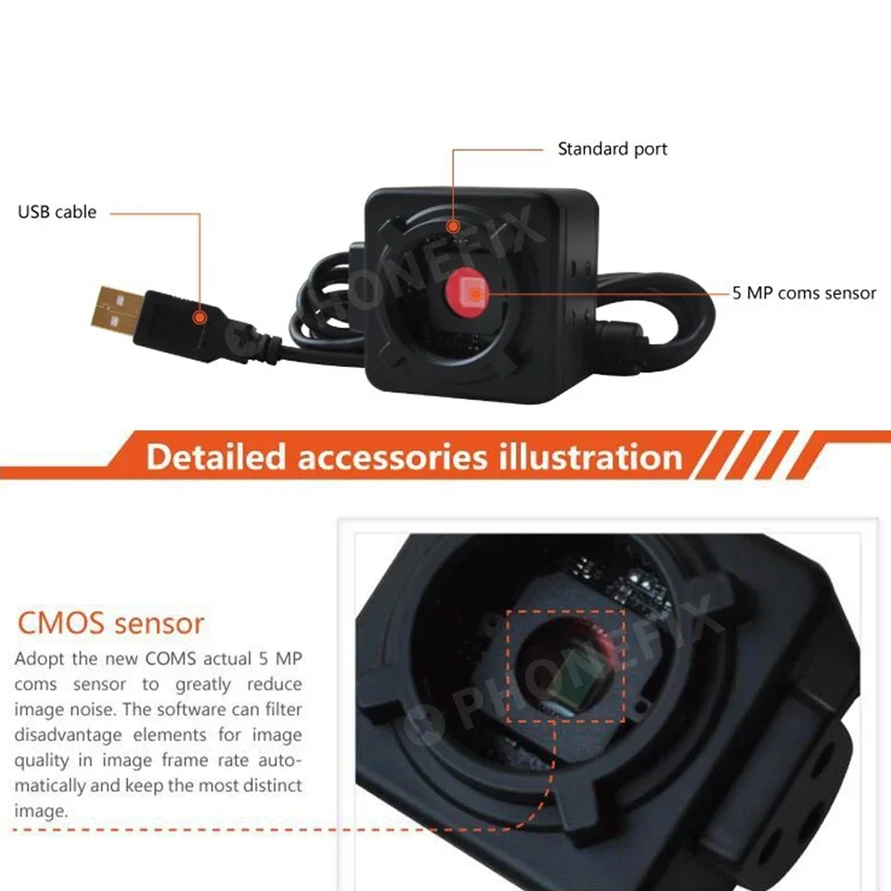 5MP USB 현미경 비디오 산업용 디지털 카메라 0.5X 접안 렌즈 C-마운트 23.2mm 어댑터(이미지 캡처용 30/30.5mm 링 포함)