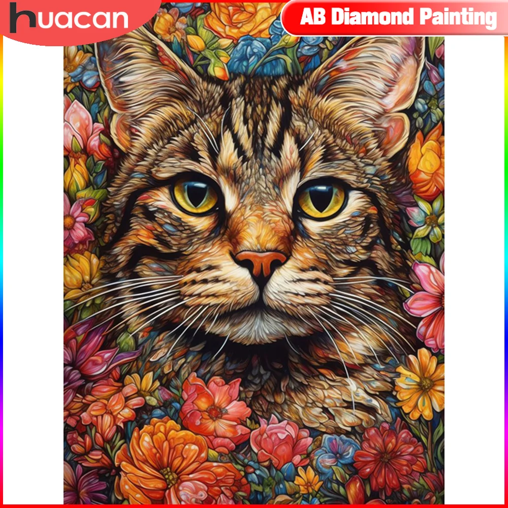 HUACAN Diamond Painting Animal Cat Full Round Square Drill Mosaic Flower 5D Handmade Gift Bedroom Decoration