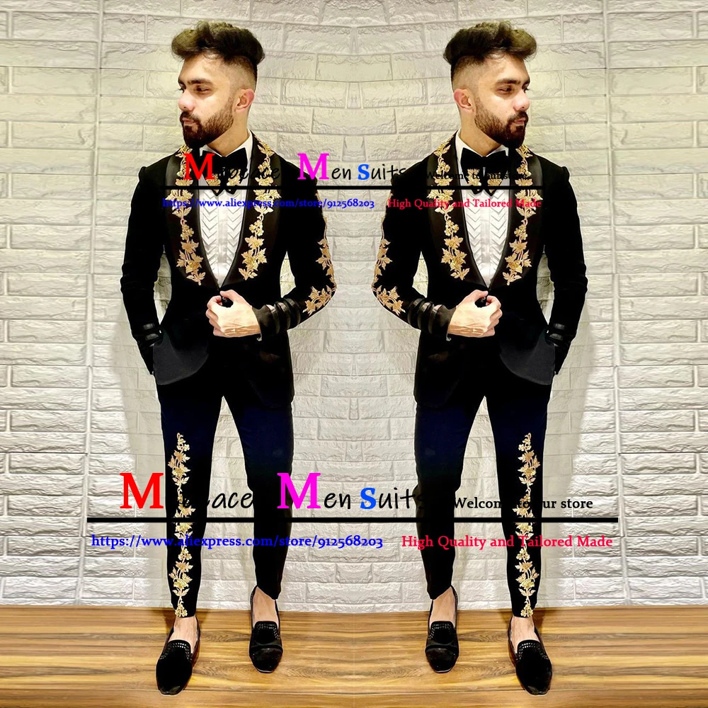 Gold Appliques Wedding Suit For Men 2022 Black Slim Mens Suit 2 Pieces ...