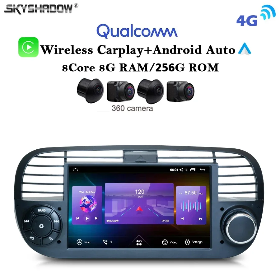 8Core Ips 8G + 256G 4G Lte Carplay Auto Android 13.0 Lettore Dvd Per Auto Mappa Gps Wifi Radio Bluetooth Per Fiat 500 Abarth 2007 - 2015