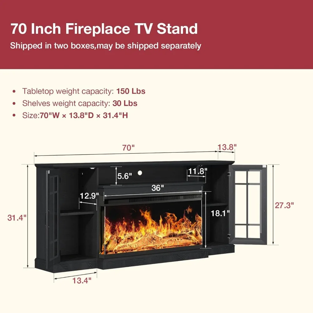 36 Inch 3-Sided Glass Fireplace TV Stand for TVs up to 80", Rustic Media Entertainment Center Console TSet of TV Stand 3