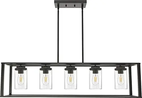 

Farmhouse Chandelier Rectangle Black Pendant Lighting for Kitchen Island, Dining Room Lighting Fixtures Hanging Linear Cage Isla