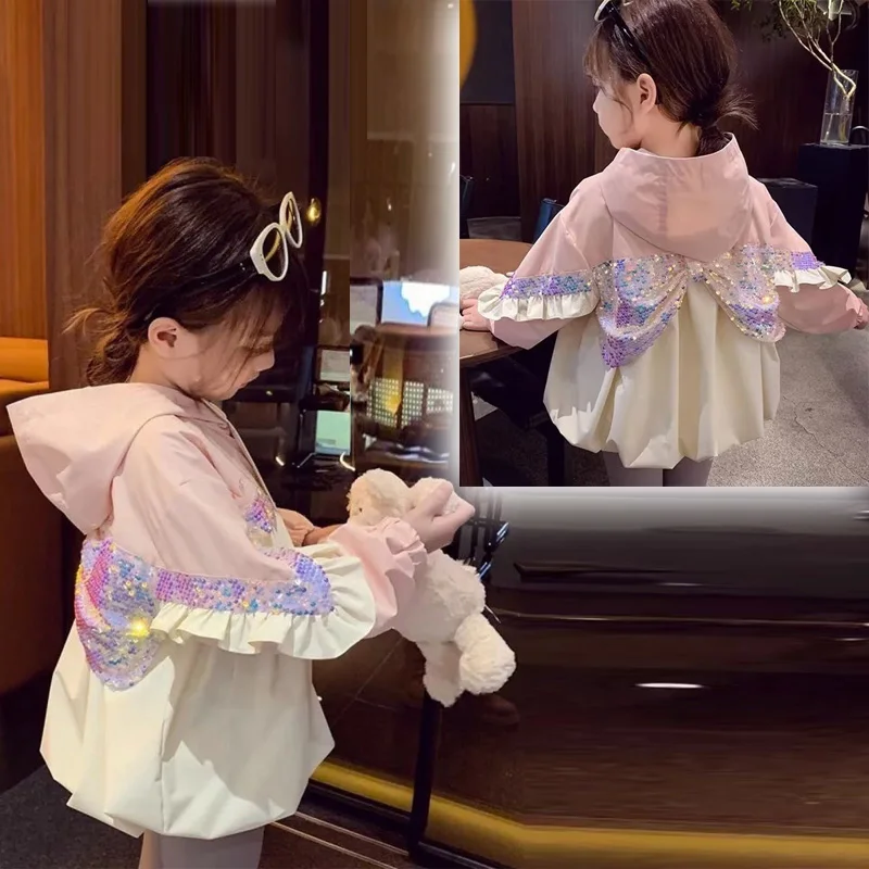 여아용 스팽글 트렌치 코트, 어린이 용수철 패션 재킷, 공주 활 후드 아우터, ..