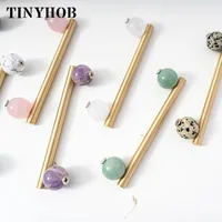 Tinyhob Nordic Art Handle/หินอ่อนธรรมชาติ + ทองเหลืองจับและลูกบิดลิ้นชักดึงKnobsตู้ครัวสีชมพูเฟอร์นิเจอร์ฮาร์ดแวร์ 5