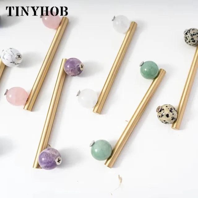 Tinyhob Nordic Art Handle/หินอ่อนธรรมชาติ + ทองเหลืองจับและลูกบิดลิ้นชักดึงKnobsตู้ครัวสีชมพูเฟอร์นิเจอร์ฮาร์ดแวร์ 5