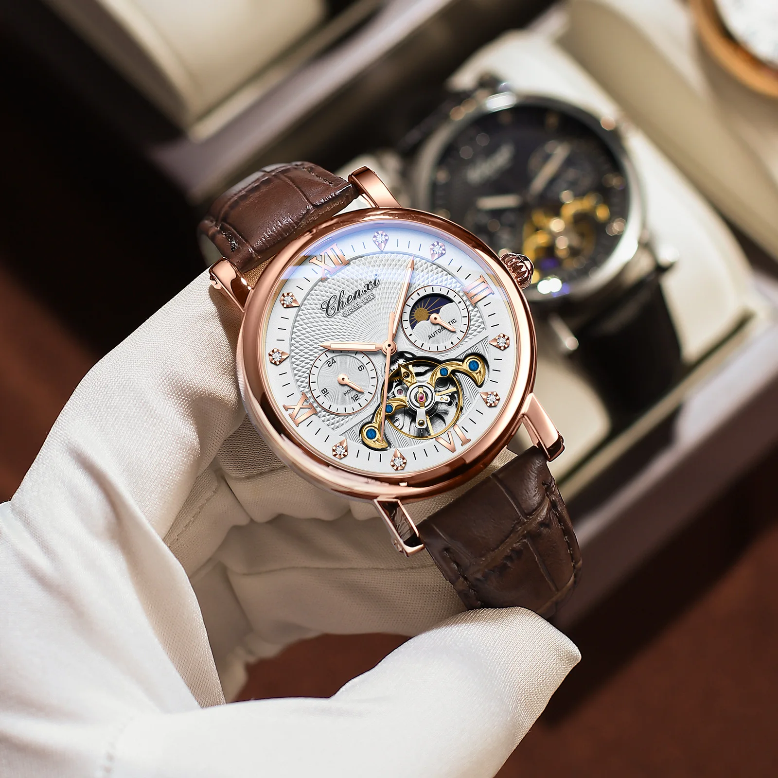 Business Men's Mechanical Watch Automatic Self-Wind Genuine Leather Strap Top Brand Big Dial Casual Male's Watches Gift Wedding