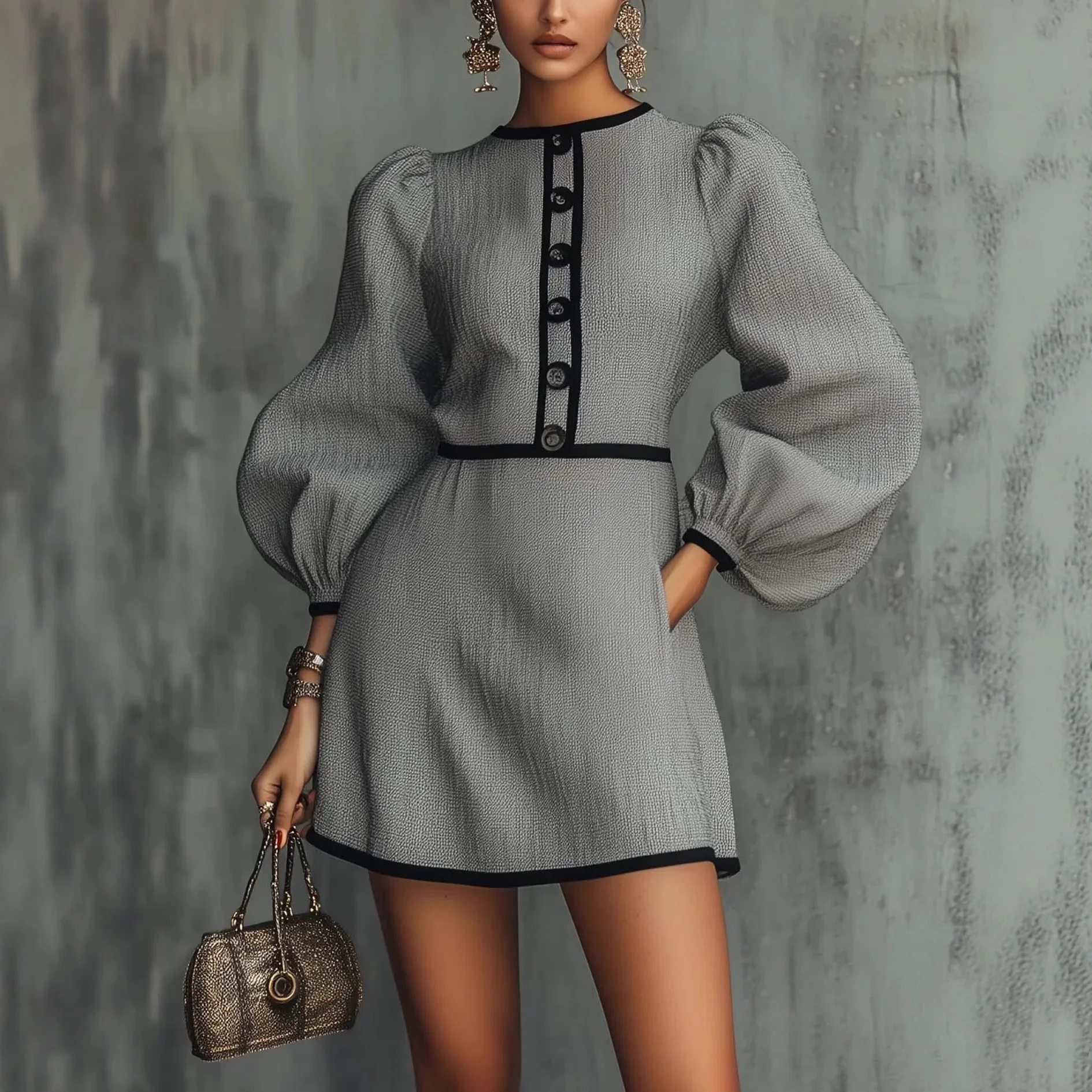 Slim Mini Dress Women's Elegant Lantern Sleeve Round Neck Button-Down Dress 2026 Spring Fall Office Commuting A-Line Dress