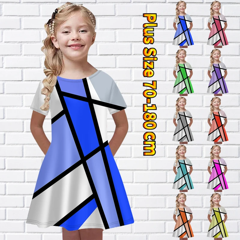 

2023 юбка с коротким рукавом для маленьких девочек, новое дизайнерское платье с принтом и круглым вырезом, летняя Свободная юбка принцессы, модная Юбка До Колена