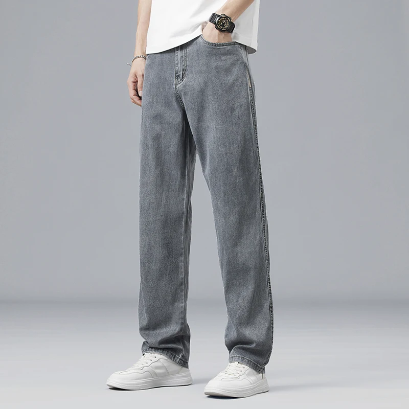 Summer Ultra-thin Lyocell Men's Jeans Drape Soft Fabric Loose Straight Casual Denim Pants Elastic Ice Silk Male Trousers 3