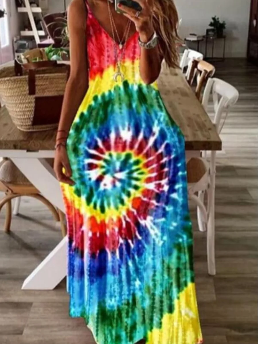 

LW Plus Size dresses Bohemian Tie-dye Red Ankle Length Dress summer sleeveless maxi dress vestido causal women's clothing