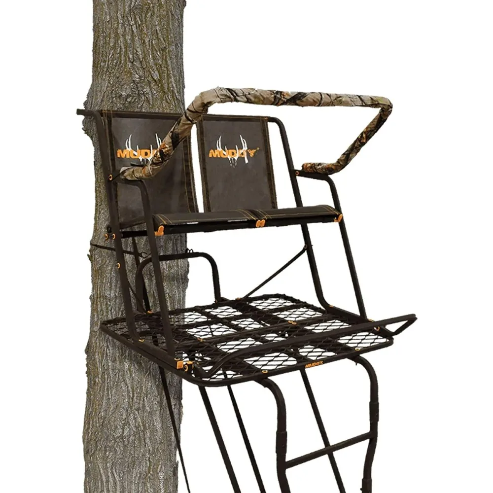 Black 17-Foot Adjustable Two-Person Deer Hunting Ladder Tree Stand with Platform