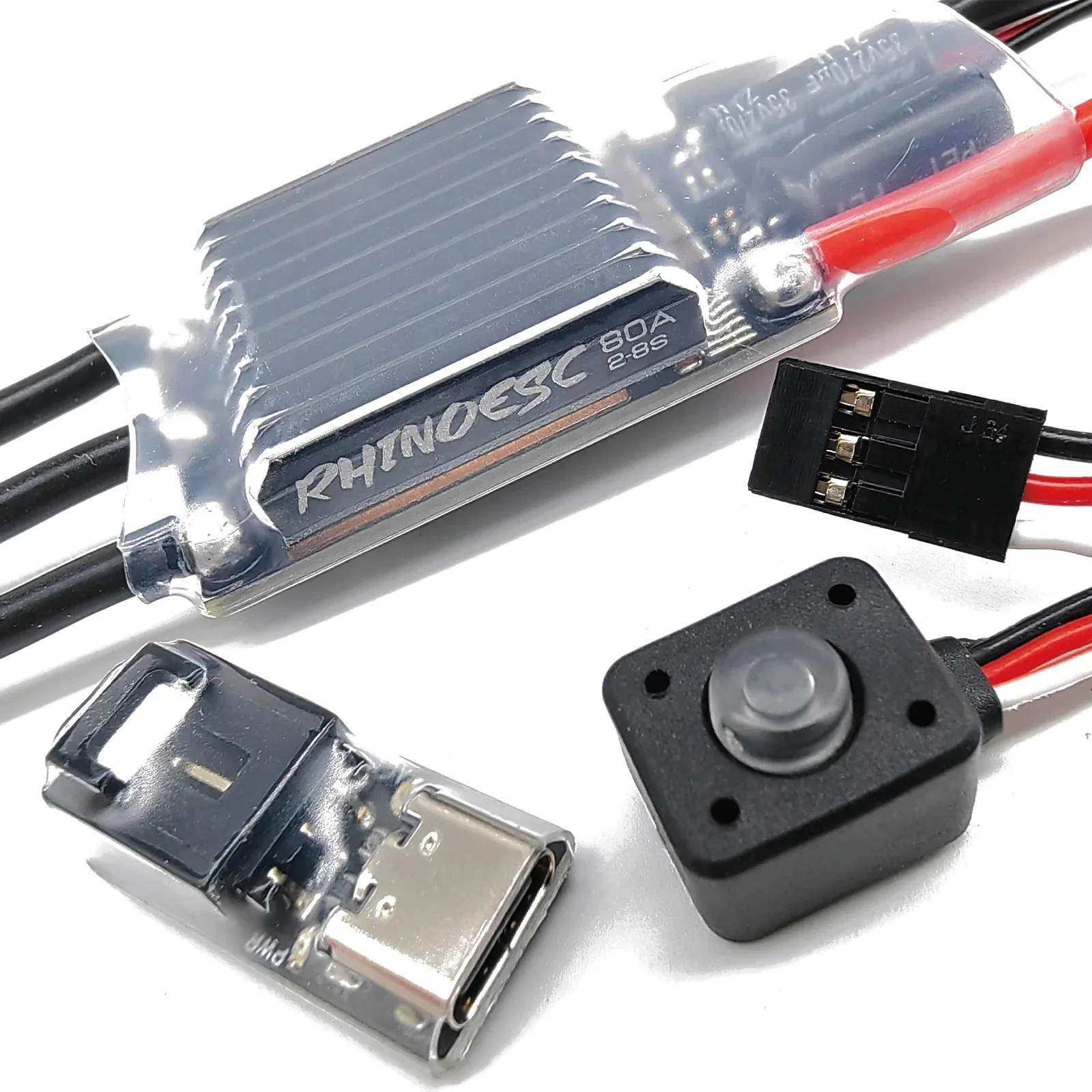 Vue de dessus du RhinoESC AM32 ESC 40A/80A pour Crawler RC montrant les dissipateurs thermiques et les connexions