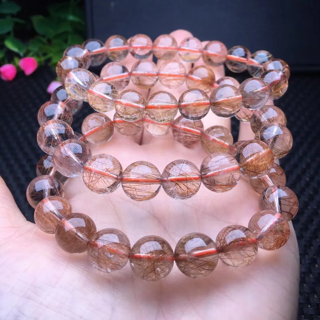1pc Fengbaowu Natural Red Copper Rutilated Quartz Bracelet Round Bead