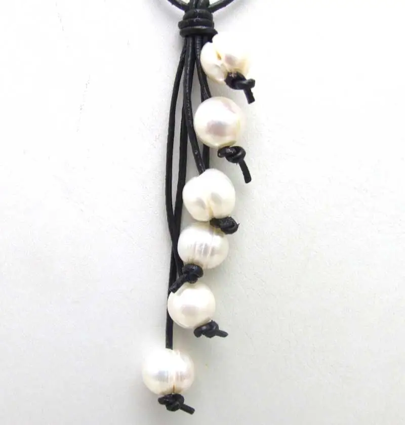 Qingmos 10-11mm Round Natural Freshwater White Pearl pendant Necklace for Women with Black Genuine Leather 20