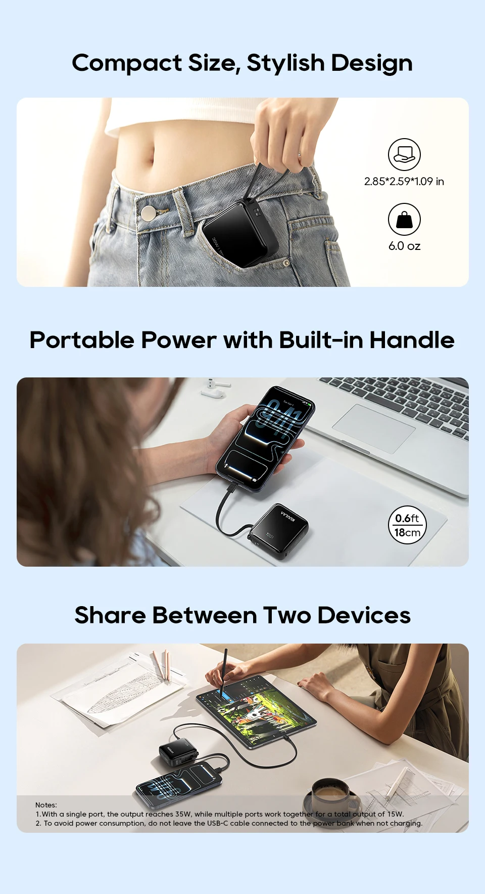 Kuulaa 10000mAh Power Bank with Built-In USB-C Cable 35W