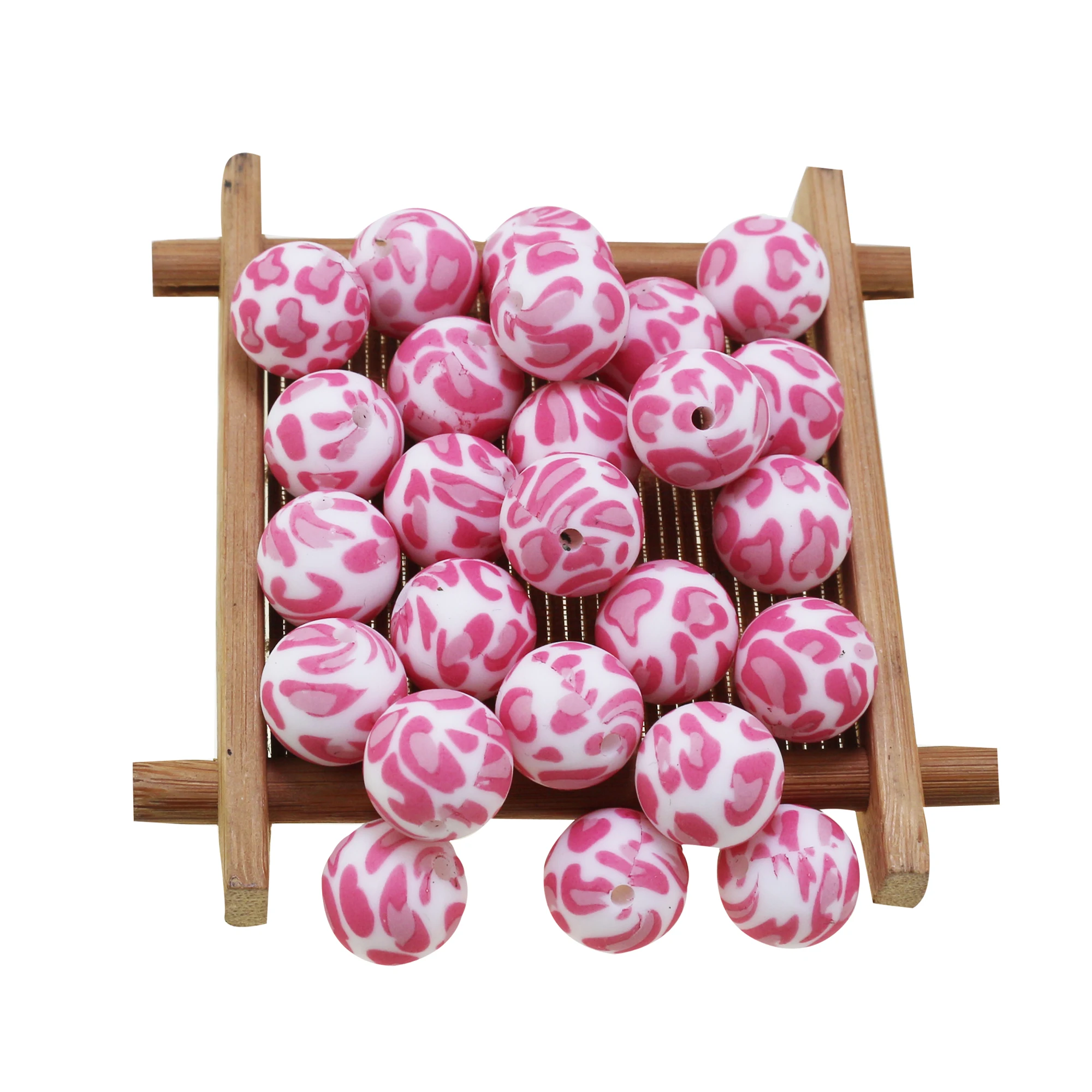 

10Pcs 15mm Silicone Beads Leopard Print Pink Animal Daisy Kitty Mouse Baby Teether Food Grade DIY Chewable Rodent Round Ball