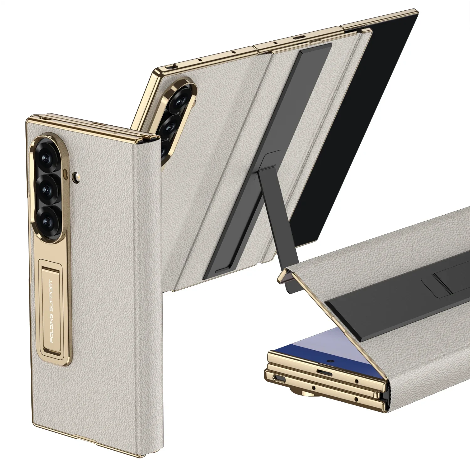 Premium TriFold Magnetic Leather Flip Phone Case with 9H Glass Protector & Kickstand Bracket