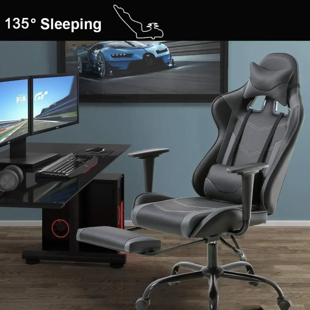 Gaming Chair Cheap Desk Chair Executive PU Leather Rolling Swivel Computer Chair With Lumbar Support Grey Office Furniture 2