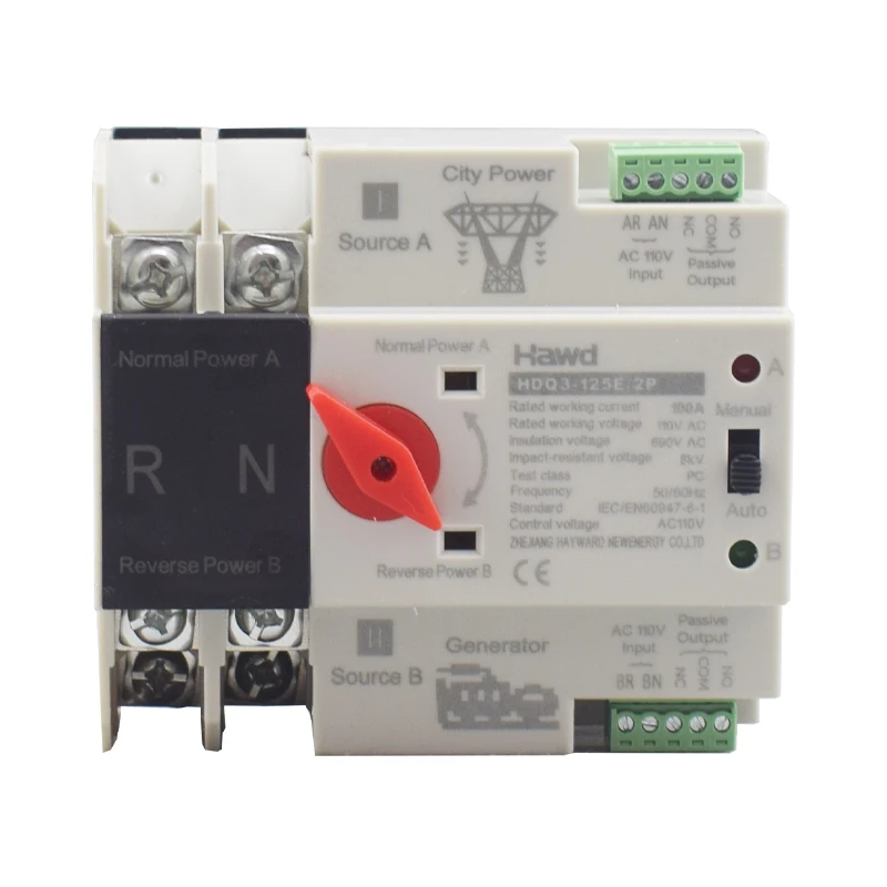 AC110V 100A Dual Power Automatic Transfer Switch 35mm Rail Mounting 2P ATS Generator Transfer Changeover Switch