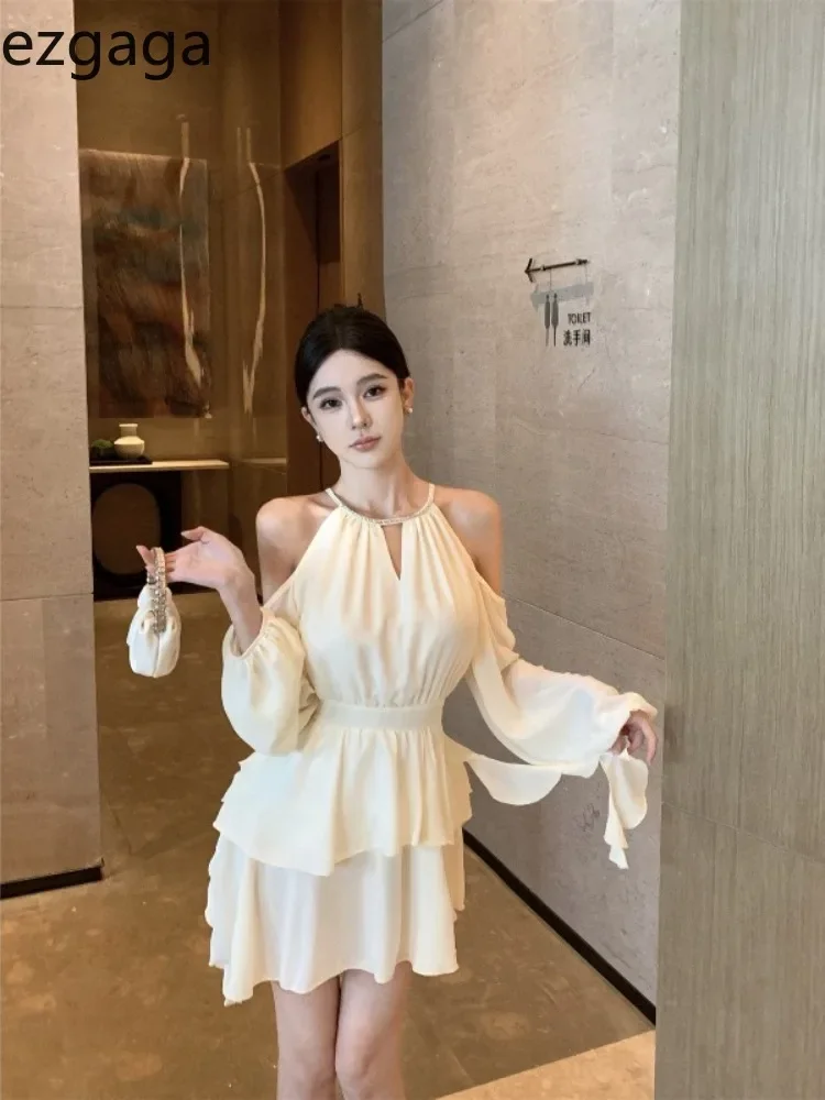 

NMZM Women's Dress French Sweet and Elegant Off the Shoulder Long sleeved Ruffle Edge Hollow Sexy Autumn New Women's Dress