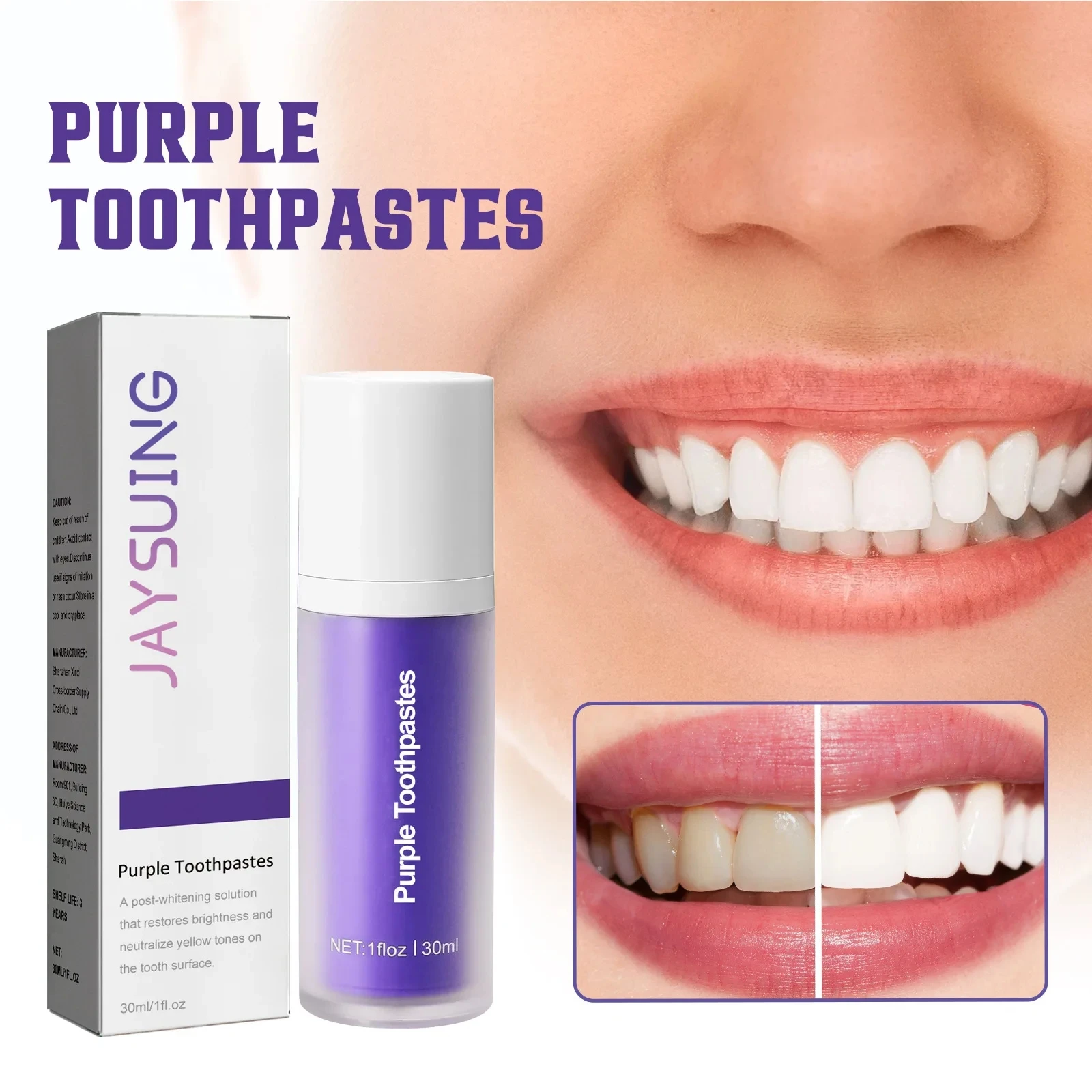 

Purple Whitening Toothpaste Removal Plaque Stain Tartar Reduce Cavity Caries Yellowing Teeth Fresh Breath Oral Enamel Clean Care