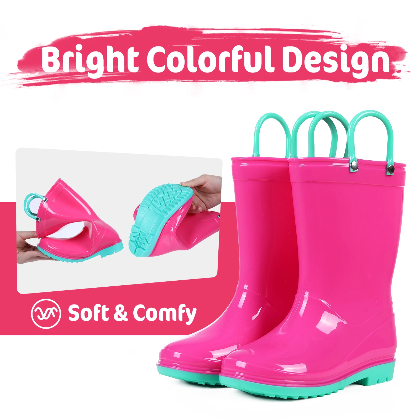 Comwarm Toddler Kids Rain Boots With Handles Cute Dinosaur Unicorn Unisex Rain Shoes For Girls And Boys Waterproof Non-slip Boot child sandals unicorn cool slippers baby girls thick bottom kids summer boys toddler dinosaur shoes beach garden