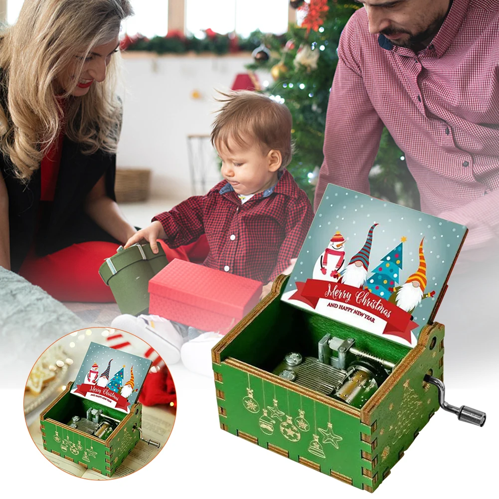 Christmas Music Box Hand Crank Engraved Musical Box Wooden Anime Theme Merry Christmas Decorations Birthday Gifts for Boy Girls