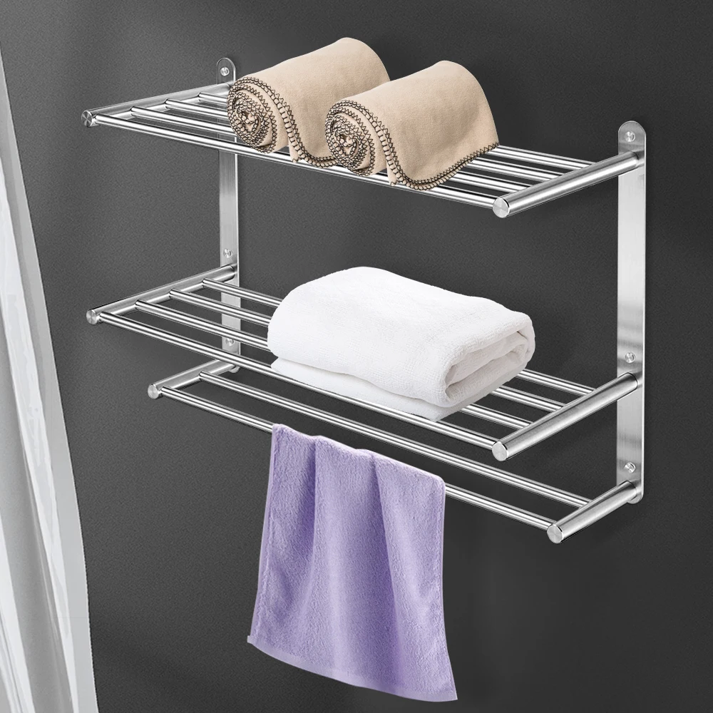 

24" 3-Tier Bathroom Towels Rack Rail Bar Stainless Steel Hotel Wall-Mounted Storage Shelf Toilet Papers Organizer Holder Stand