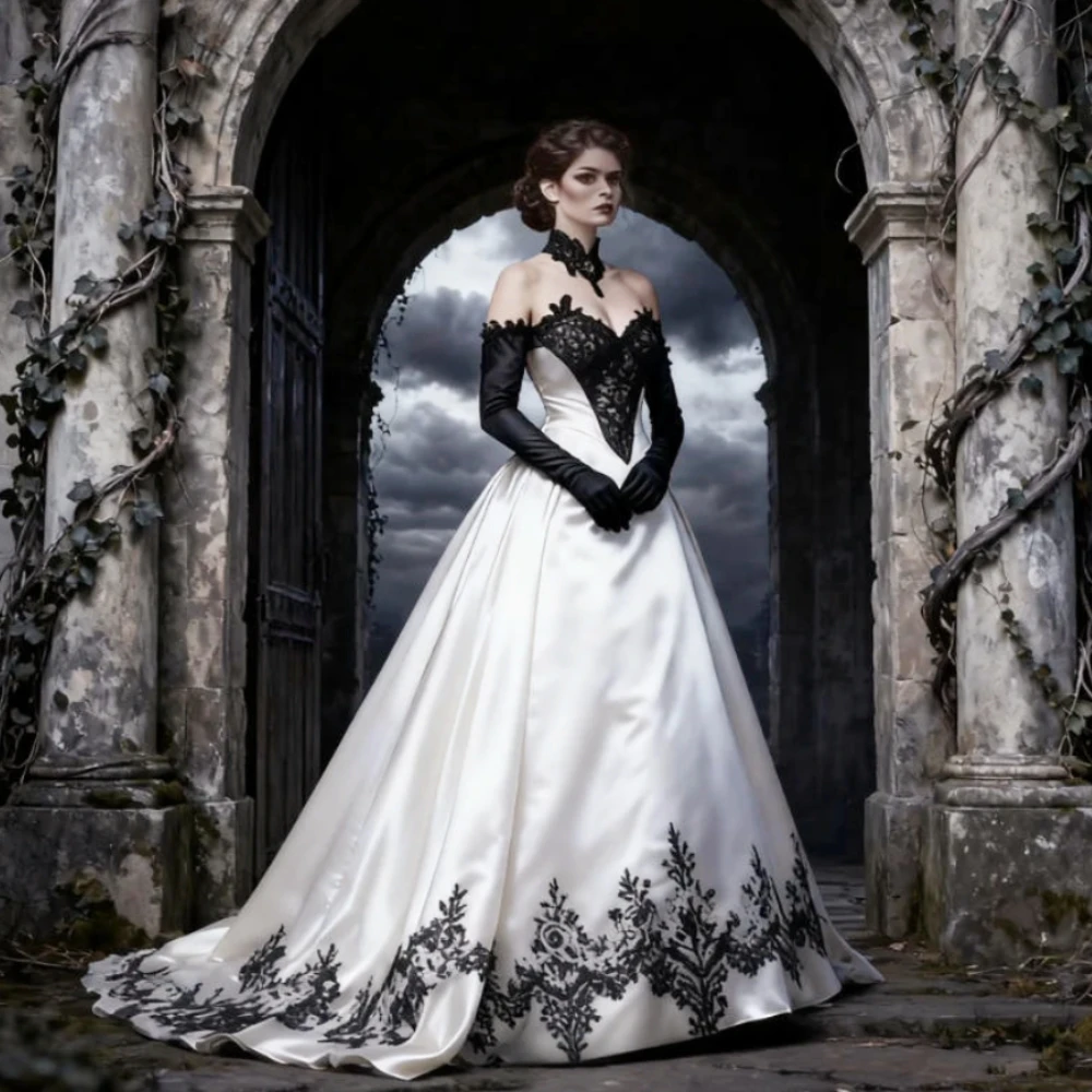 white gothic wedding dresses White Lace Gothic Wedding Dress Medieval Victorian Tiered Ruffles Bride  Women