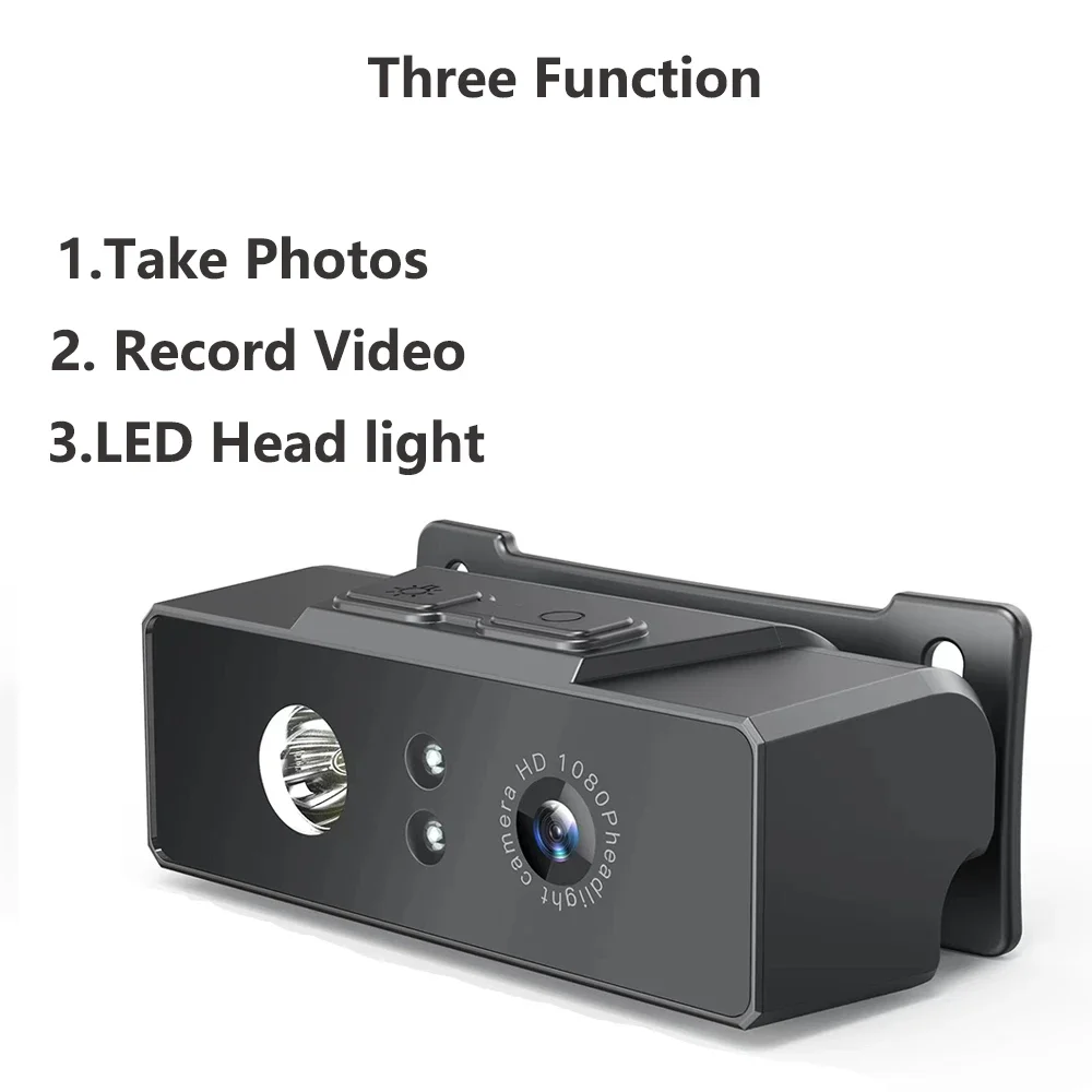 A Rechargeable Headlamp SpyCam, showcased in black, features three functions: taking photos, recording HD 1080P video, and an LED headlight. The text listing these capabilities is displayed prominently.