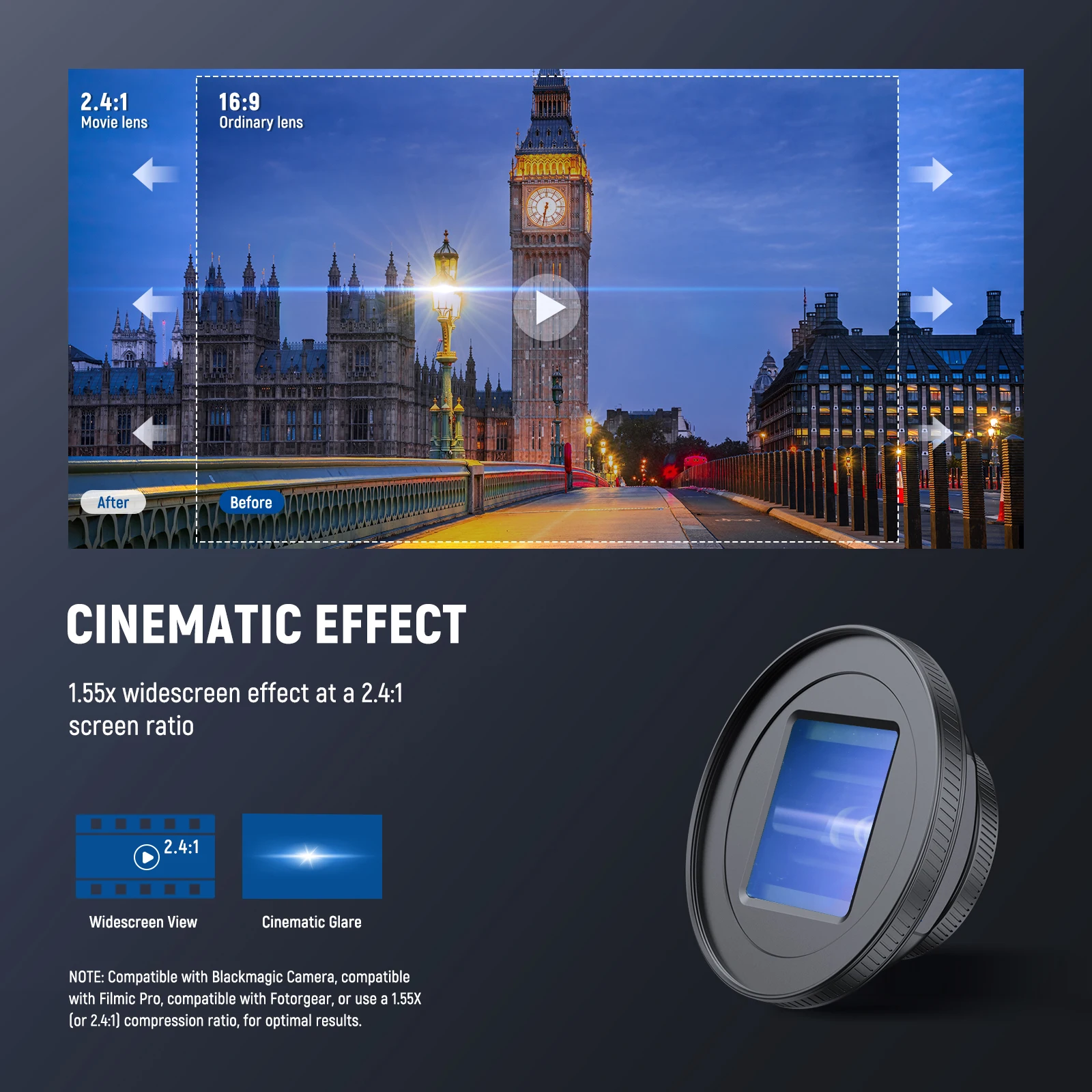 1.55X Blue Flare Anamorphic Phone Camera Lens Compatible with iPhone Android Sam