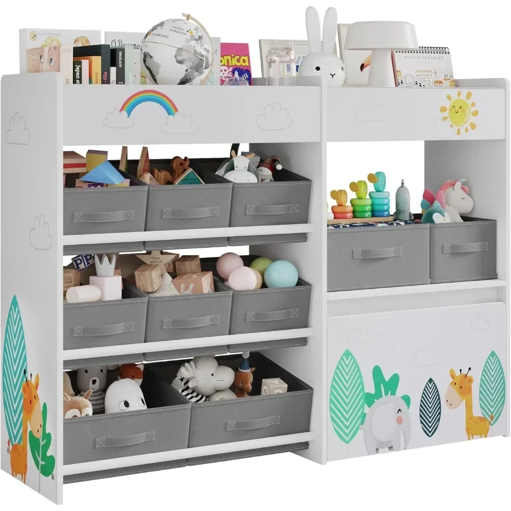 Toy Storage Organizer, Toy Bookshelf with 10 Fabric Bins and Movable Chest, Storage Cabinet for Playroom, School Bookcases 6