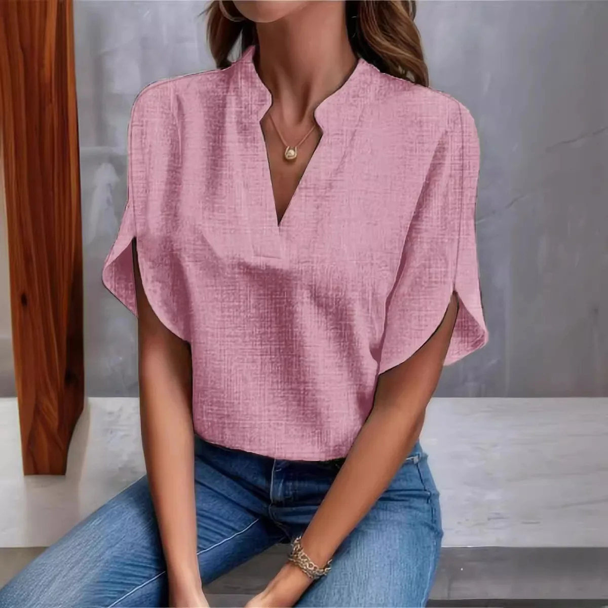 Linen V Neck Short Sleeve Summer Blouse for Women
