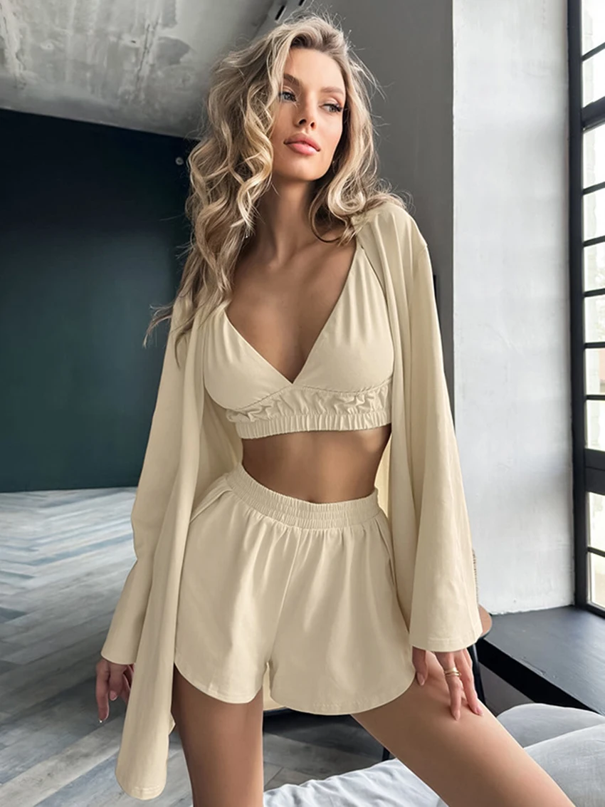 Mathaqiqi Casual Female Pajamas 3 Piece Suit Long Sleeve Nightwear Sexy V-Neck Pyjamas Tank Tops Nightie Shorts Women Pijama Set