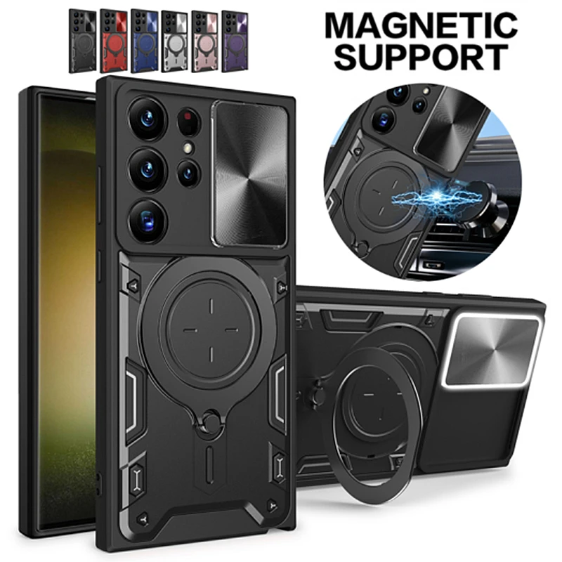 Custodia Antiurto Per Armatura Per Samsung Galaxy S23 Ultra 5G Slide Lens Protect Funda Per Galaxy S23 + Plus S 23 Ultra Metal Ring Cover