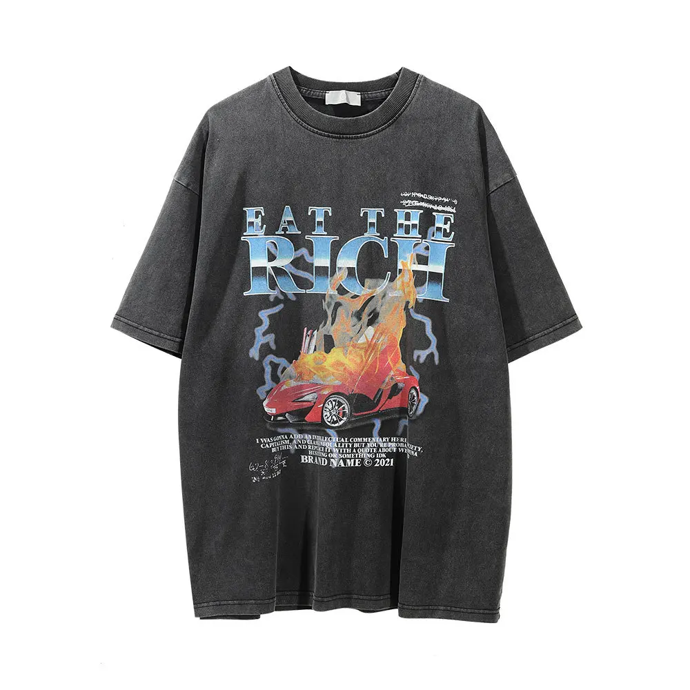 

2023 Cotton Do Old Black Washing And Aging Automobile Printing Five Sleeves Men's T Shirt European And American Style