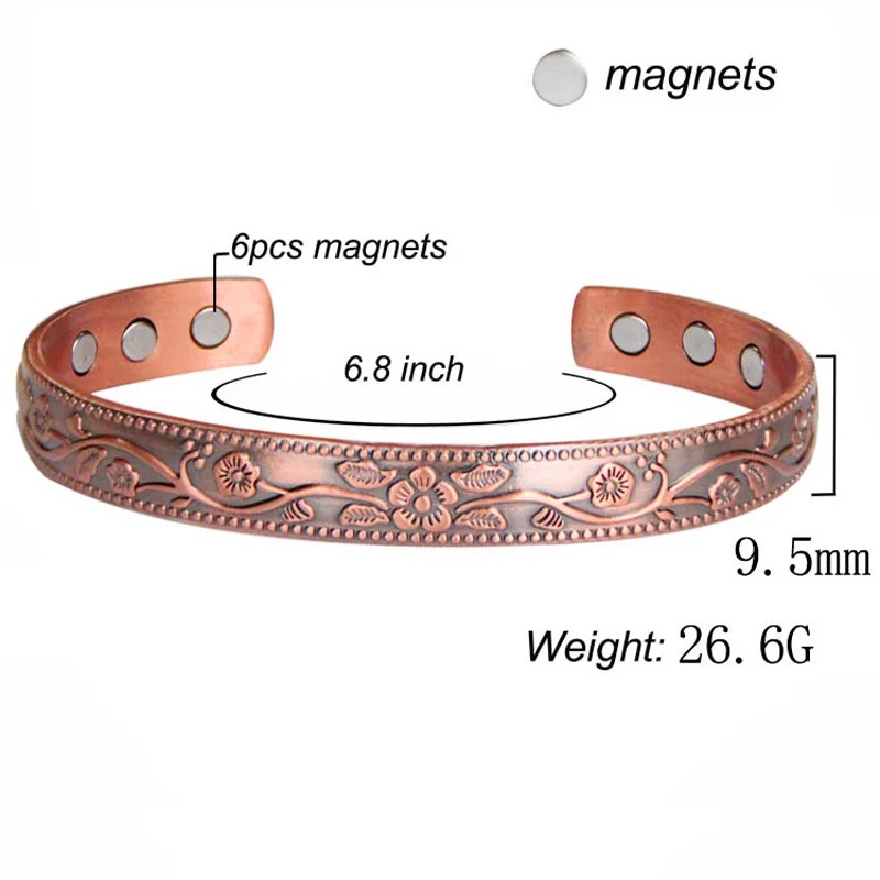Vintage Flower Magnetic High Gauge 99.9% Solid Copper Bracelet for Women Magnetic Therapy Bracelet for Arthritis Pain Relief