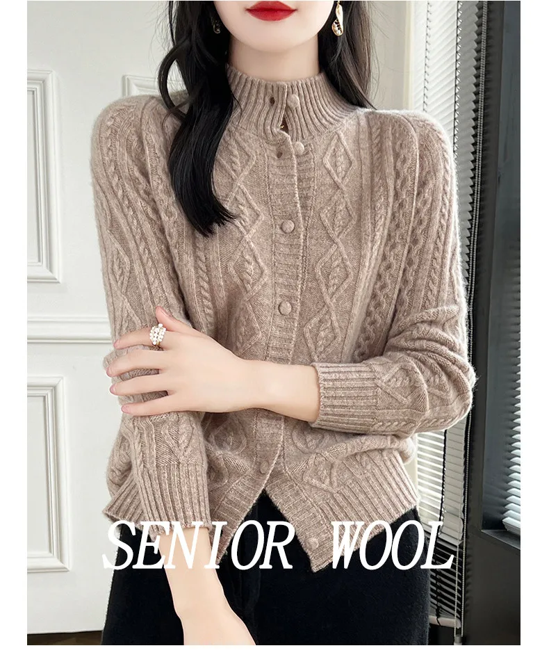 100% Wool Cashmere Cardigan Autumn Winter New Half High Collar Twist Coat High-End Knitwear Sweater Shirt Loose Women Thick Tops