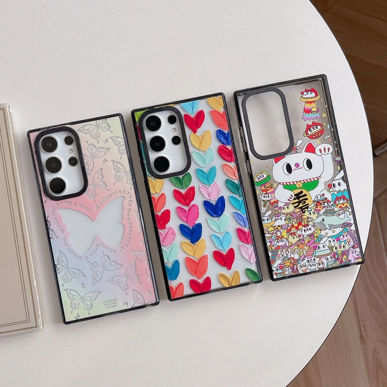 Colorful Hearts Cat Acrylic Black Border Case for Samsung Galaxy S22 S23 S24 Ultra S22+ S23+ S24 Plus Cover Protective Case