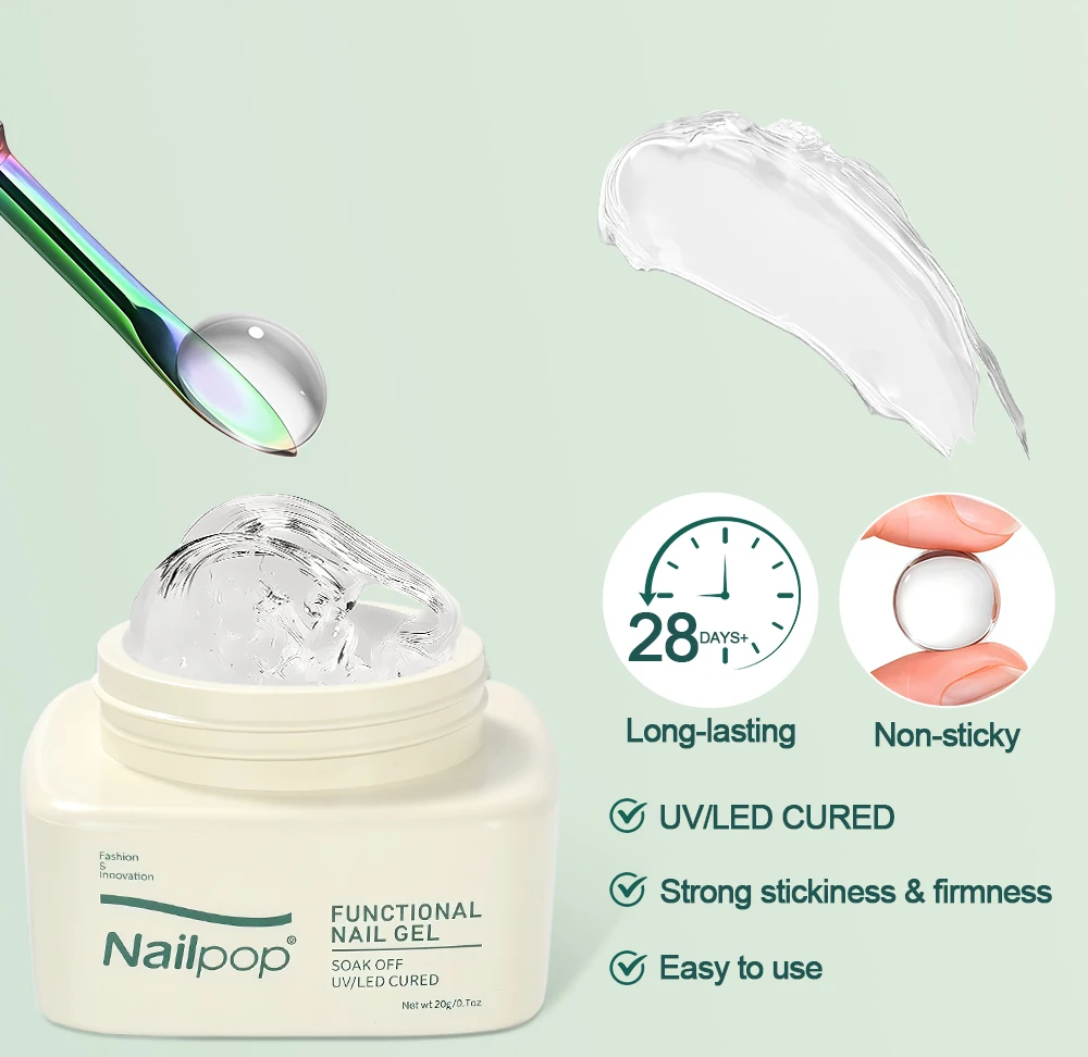 Nailpop HEMA/TPO-freies 20g klares festes Nagelklebegel für Nagelkunst, nicht verschmierendes Klebegel für Strasssteine, Anhänger, Press-On-Nägel, 1 Stück – Detail 2